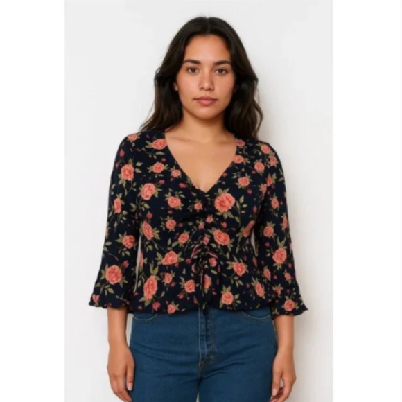 Zara Woman Top Floral Drawstring Black & Multicolor ¾ Sleeves Size XS - Picture 1 of 5